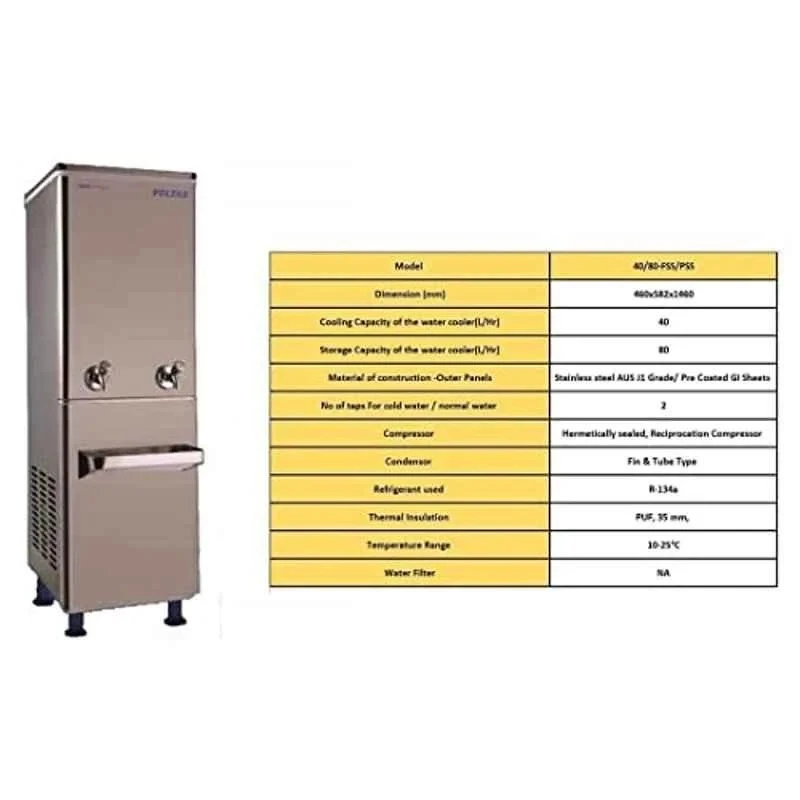 Voltas Stainless Steel Water Cooler 40 LPH Cooling, 80 Litre Storage, 230V, R134A, 40/80 FSS