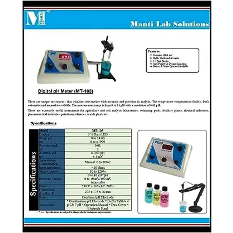 Manti Digital pH Meter 0-14 pH Range, LCD Display, 230V, MT-103