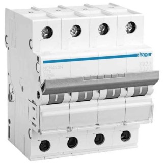 Hager Four Pole C Curve Miniature Circuit Breaker 6A, 10 kA Breaking Capacity, 4 Modules, h3 Series NCN406N