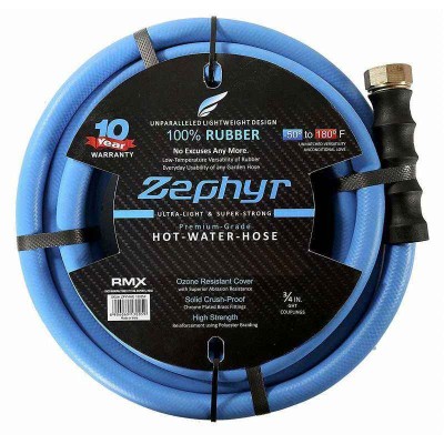 Zephyr 3/4 Inch Flexible Rubber Garden Hose with Brass End Fitting, 100 ft, Blue, 150 PSI