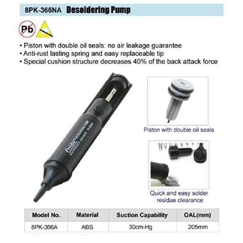 Proskit Desoldering Pump 8PK-366NA, 30cm-Hg Suction Capability, ABS Body, 205mm Length