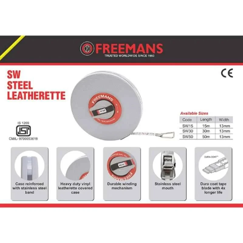 Freemans Steel Top Line Measuring Tape 30 Meter, 9.5 mm Blade, ABS & Vinyl Leatherette Body, TW30
