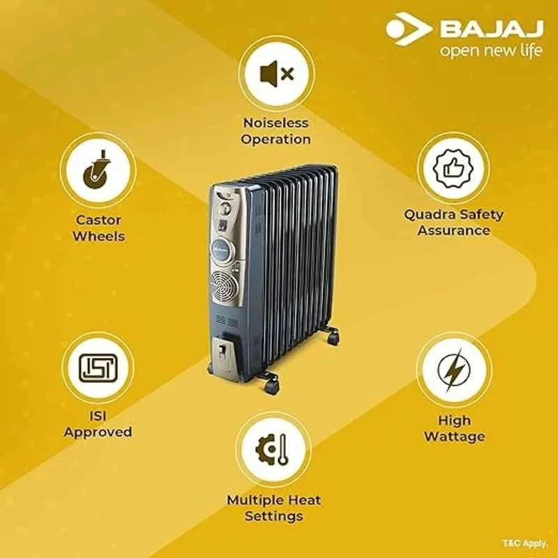 Bajaj 9 Fin Oil Filled Radiator Heater, RH9F, Three Heat Settings, 2000 W