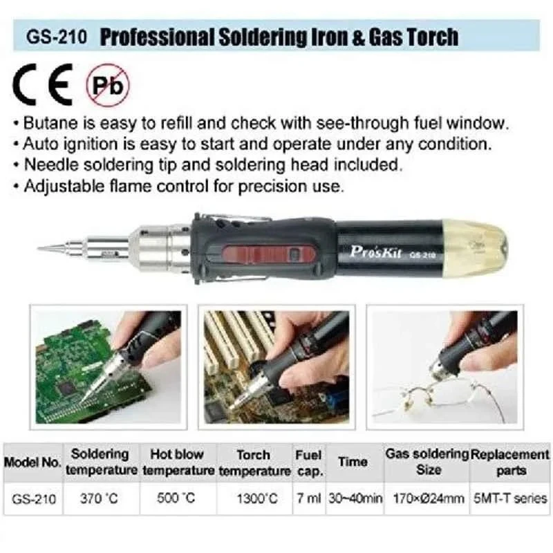 Proskit GS-210 Professional Soldering Iron & Gas Torch, Butane Powered, Adjustable Flame, 370–1300°C, 7ml Capacity