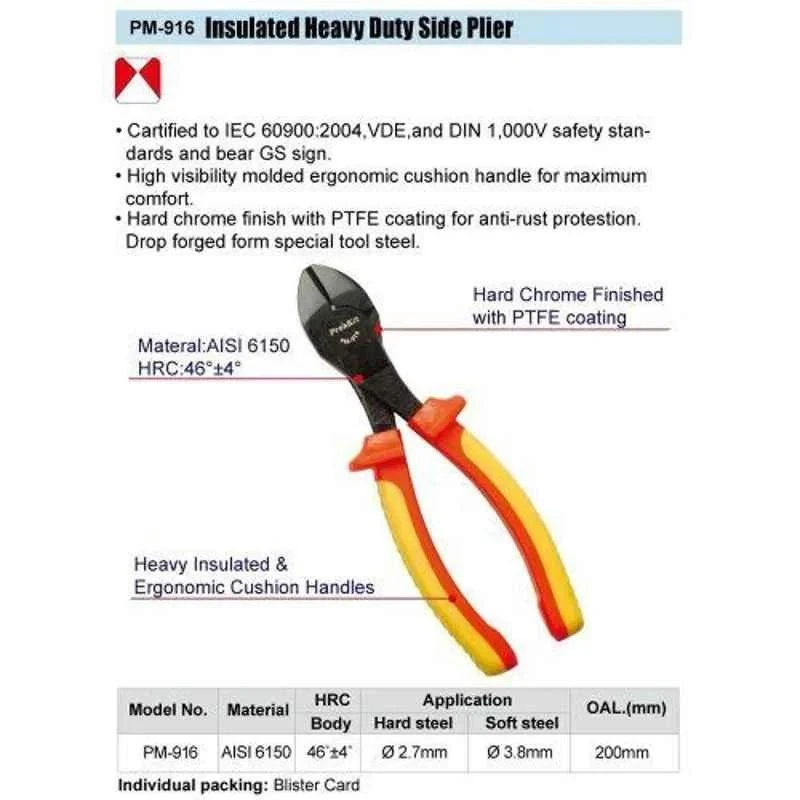 Proskit Insulated Heavy Duty Side Plier, 190 mm Length, 1000V Rated, PM-916