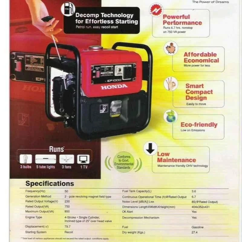 Honda EP-1000 Handy Series Portable Generator 850VA, Petrol, 230V, 4-Stroke, 3.6L Tank