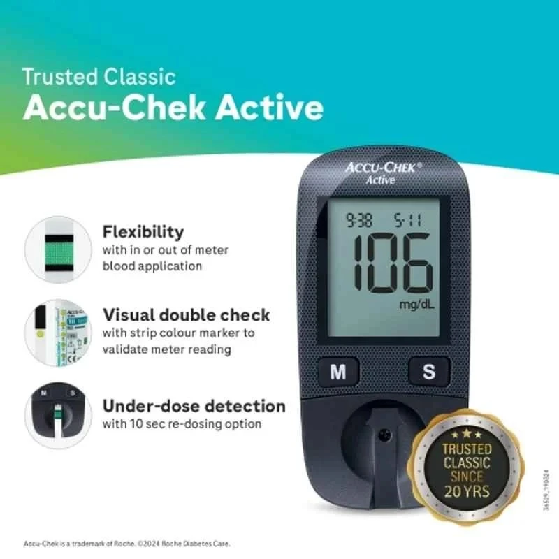 Accu-Chek Active Glucose Monitor, LCD Display, 10 Free Test Strips, Measuring Range 0.6–33.3 mmol/L
