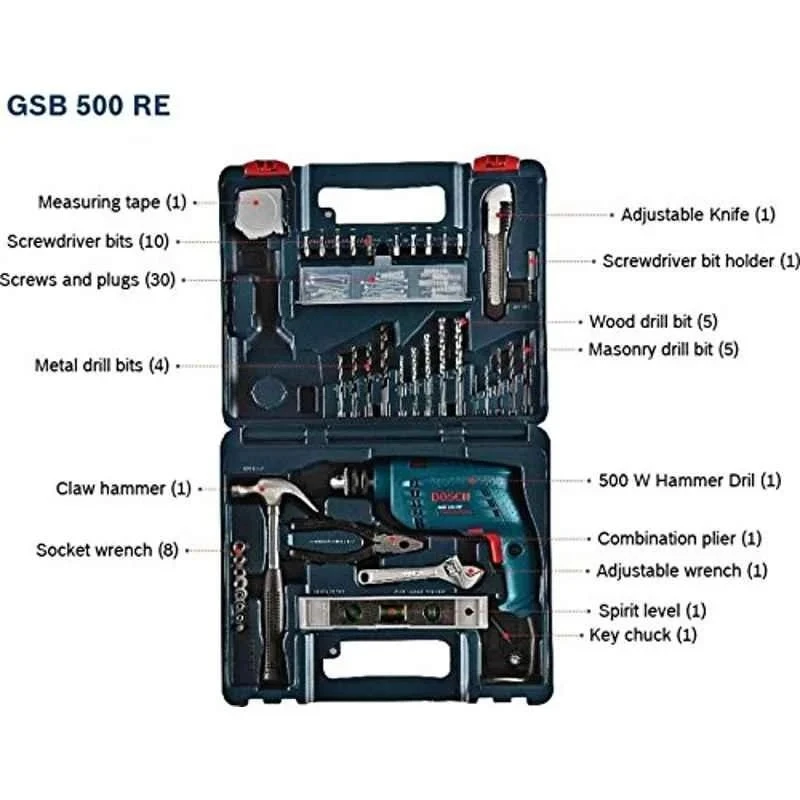 Bosch Professional Impact Drill Kit 500W, 2600 rpm, 1.5-10 mm Chuck, GSB 500 RE