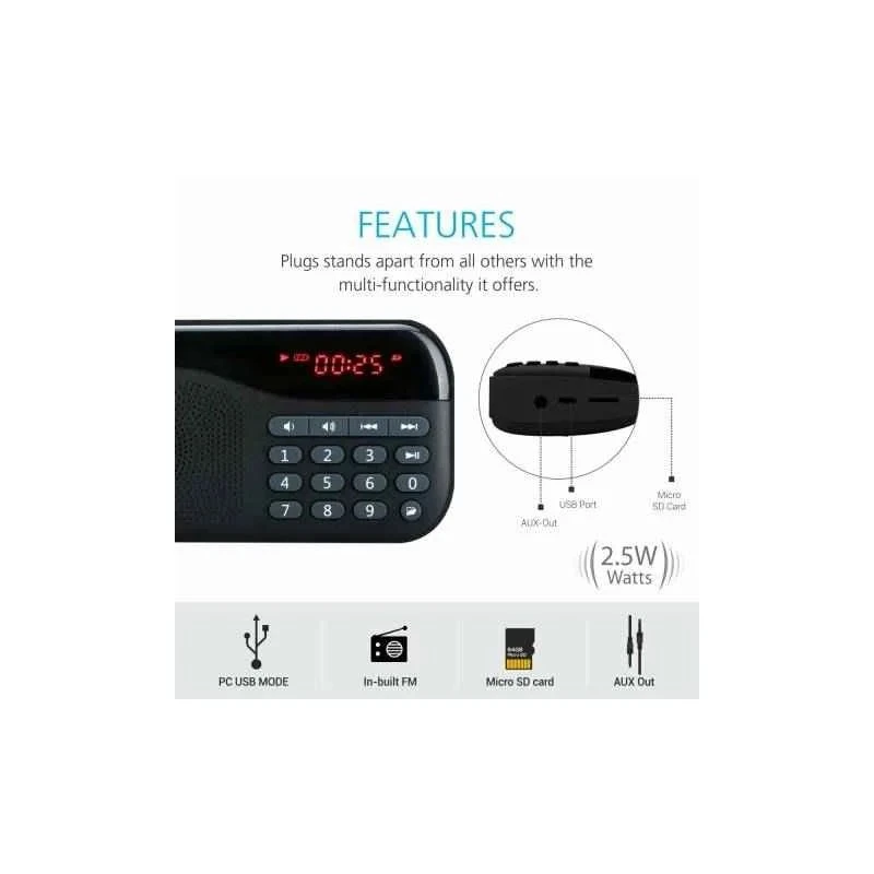 Portronics Plugs Black Portable Speaker with FM, Micro SD Card Support, 2.5W, 800mAh Battery, POR 141