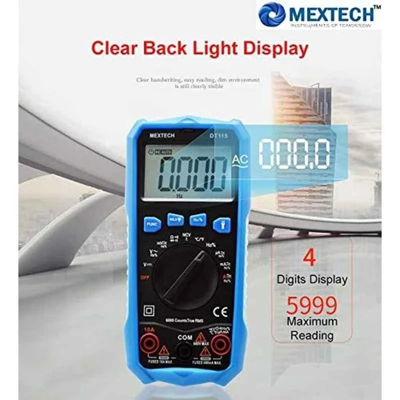 Mextech Digital Multimeter 115 AC Voltage Range 4-750 V, 9V Battery, Automatic Range