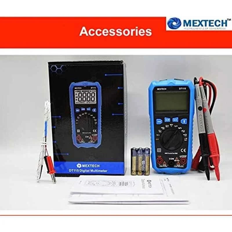 Mextech Digital Multimeter 115 AC Voltage Range 4-750 V, 9V Battery, Automatic Range