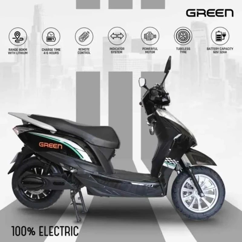 Green Elaan Electric Scooter 250W 60V White, 25 km/h Top Speed, 80 km Range, Tubeless Tyres,