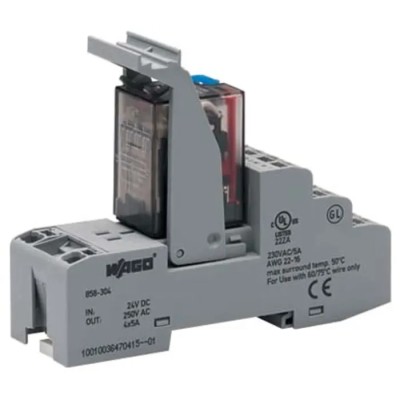 WAGO Interface Relay 4PDT DIN Rail Mount 24V DC Coil, Plug-In, Silver Alloy Contacts, 858-304