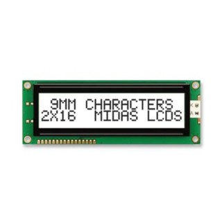Midas Alphanumeric LED LCD Monochrome Display, 2 x 16 Characters, White on White, 8-Bit Interface, LED MC21609AB6W-FPTLW-V2