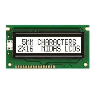 Midas Alphanumeric LED LCD Monochrome Display, 2 x 16 Characters, White on White, 8-Bit Interface, LED MC21605A6W-FPTLW-V2