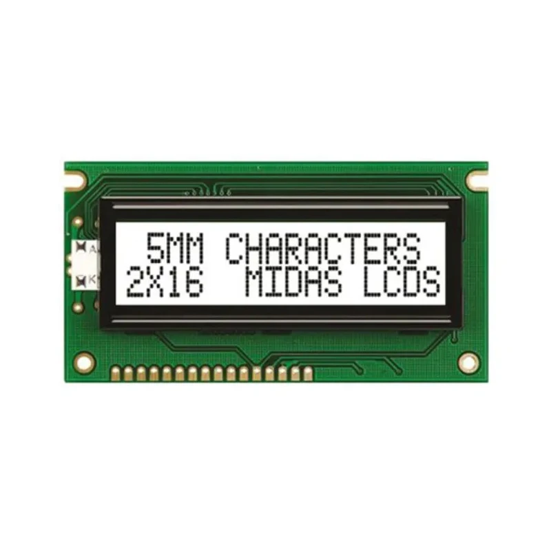 Midas Alphanumeric LED LCD Monochrome Display, 2 x 16 Characters, White on White, 8-Bit Interface, LED MC21605A6W-FPTLW-V2