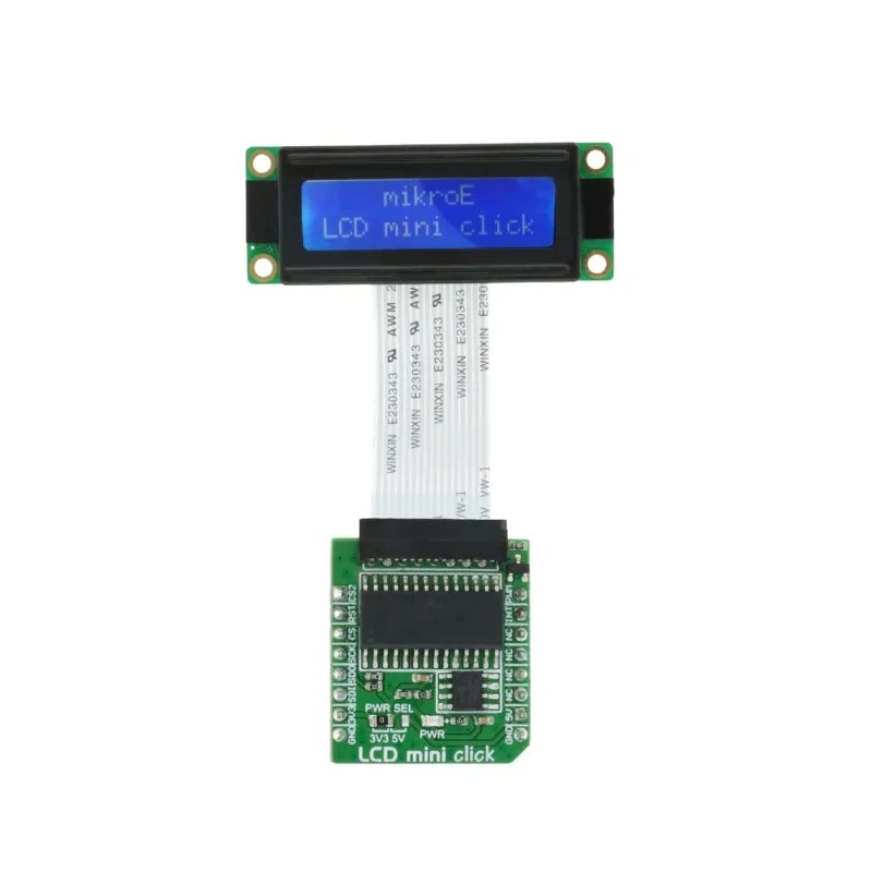 MikroElektronika LCD Mini Click Adapter Board MIKROE-2453, 2x16 Monochrome LCD Display, mikroBUS, PWM Backlight, 3.3/5V
