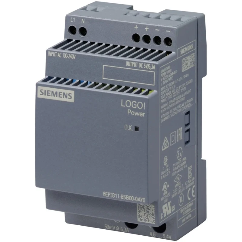 Siemens LOGO POWER Switched Mode DIN Rail Power Supply, AC/DC Input 85–264V, 5V DC 6.3A Output, 31.5W 6EP3311-6SB00-0AY0