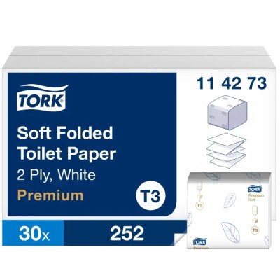Tork Premium Toilet Roll 2-Ply, 252 Sheets, Hygienic Dispensing, White, 114273