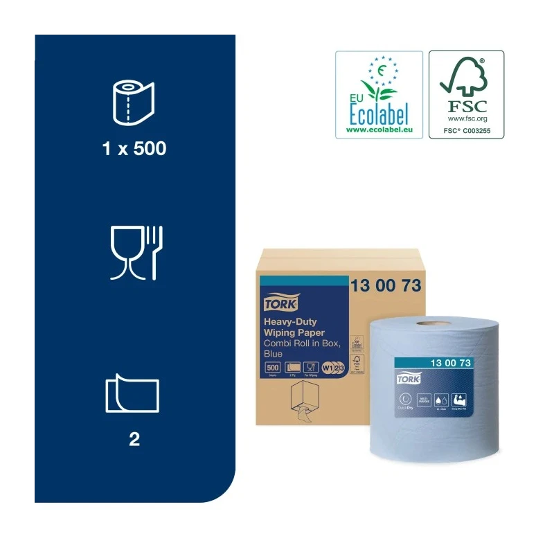 Tork Roll Paper Towel 170 m x 258 mm, 500 Sheets, 2 Plies, Blue, Heavy-Duty Multipurpose Wipes 130073