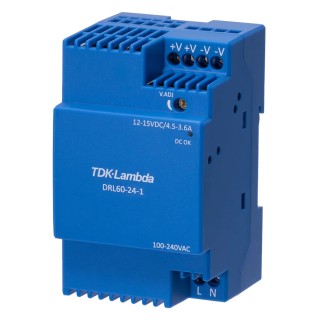 TDK-Lambda DRL-60-12-1 Switched Mode DIN Rail Power Supply 60 W, Input 85–264 V AC, 12 V DC 4 A Output