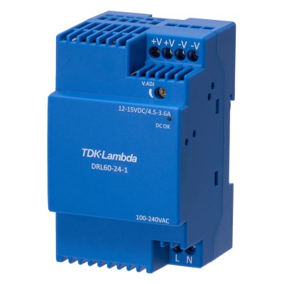 TDK-Lambda DRL-60-12-1 Switched Mode DIN Rail Power Supply 60 W, Input 85–264 V AC, 12 V DC 4 A Output