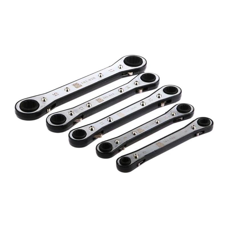 RS PRO 5-Piece Ratchet Spanner Set Chrome Vanadium Steel 7 x 8 mm to 15 x 17 mm 606-945