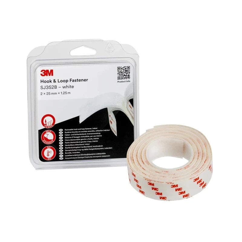 3M Scotchmate Hook & Loop Tape, White, 25mm x 1.25m, Pressure Sensitive Adhesive SJ352B 3M SJ352B white 25mm x 1,25m