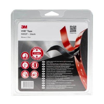 3M VHB Double Sided Black Foam Tape, 19mm Width x 11m Length, 1.1mm Thickness, Acrylic Adhesive 3M 5952F 19mm x 11m