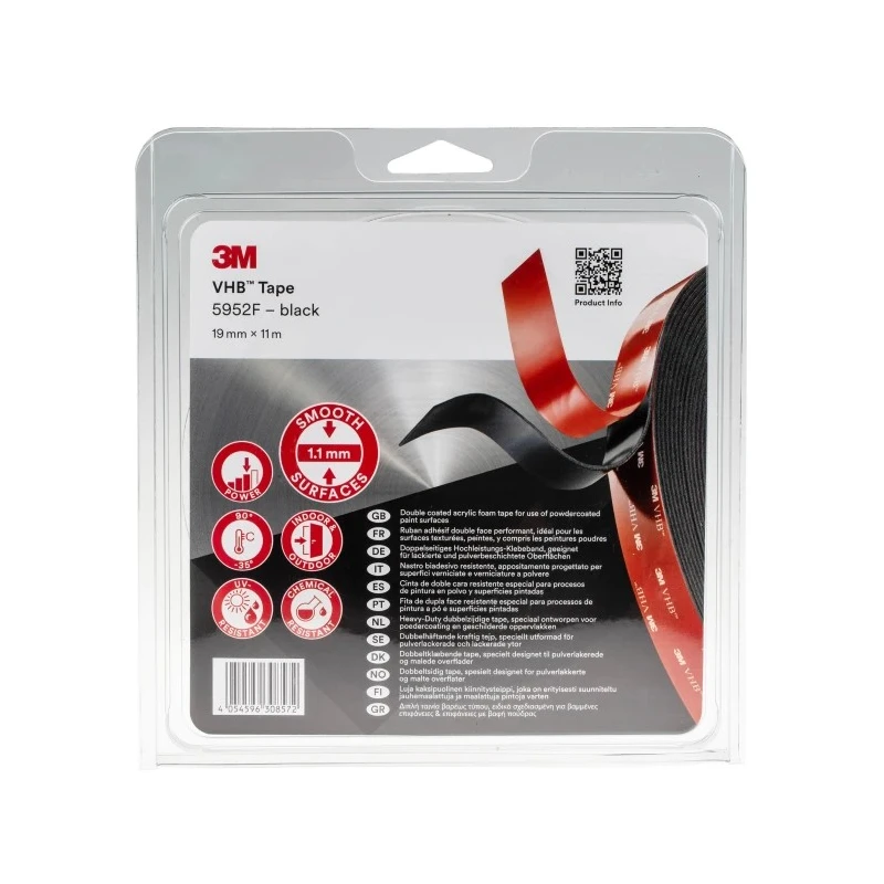 3M VHB Double Sided Black Foam Tape, 19mm Width x 11m Length, 1.1mm Thickness, Acrylic Adhesive 3M 5952F 19mm x 11m