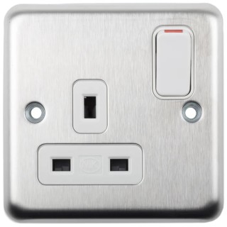 MK Electric 13A Silver 1 Gang Plug Socket, Type G, Screwless, Neon Indicator, Steel, K2958BSS