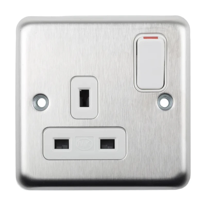 MK Electric 13A Silver 1 Gang Plug Socket, Type G, Screwless, Neon Indicator, Steel, K2958BSS