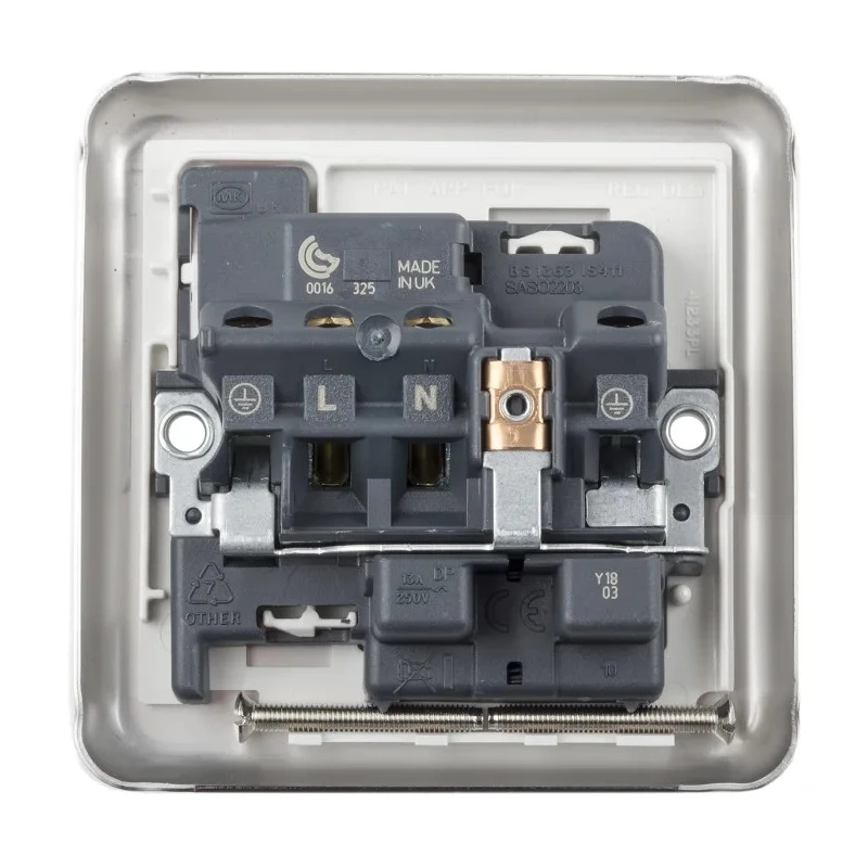 MK Electric 13A Silver 1 Gang Plug Socket, Type G, Screwless, Neon Indicator, Steel, K2958BSS