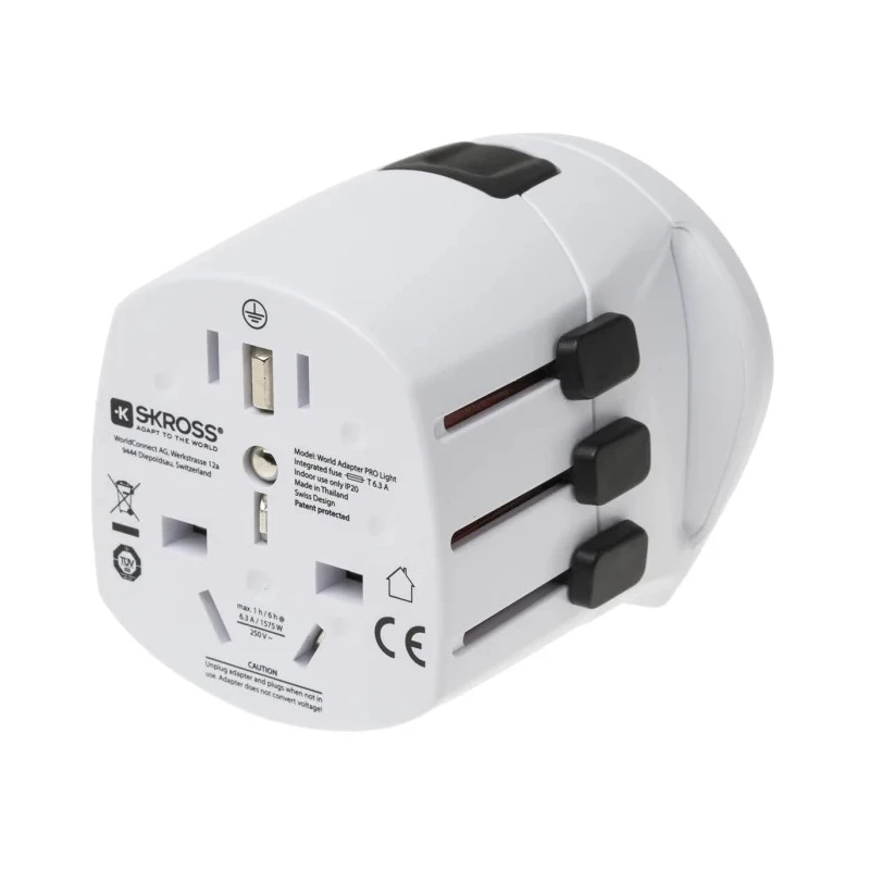 SKROSS Travel Adapter, World Dual USB, Australia, USA, Switzerland, UK, Pro Light, 250V, 6.3A, 1575W SKR-0084