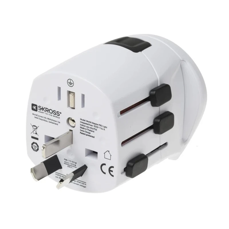 SKROSS Travel Adapter, World Dual USB, Australia, USA, Switzerland, UK, Pro Light, 250V, 6.3A, 1575W SKR-0084