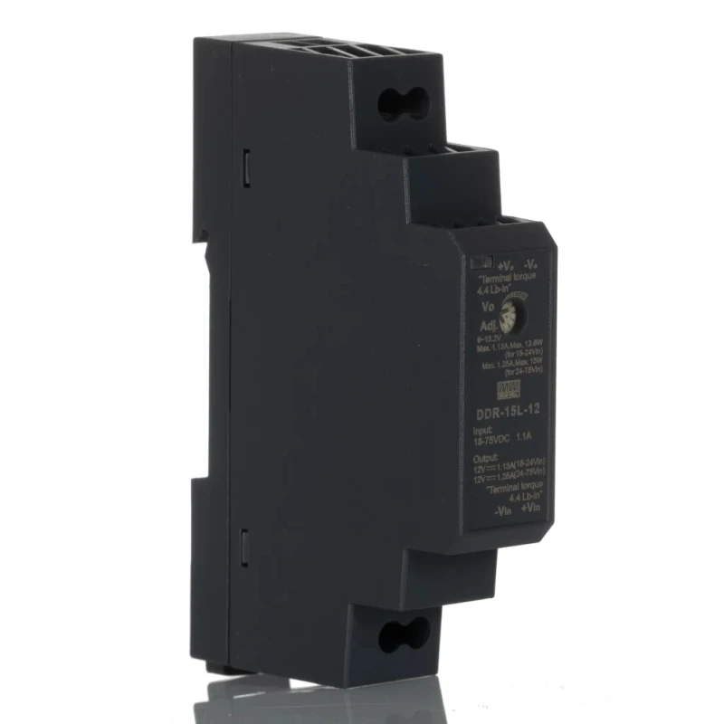 MEAN WELL DC-DC Converter DDR-15L-12, 18–75V DC Input, 12V DC Output, 1.25A, DIN Rail, Ultra Slim, Industrial, 87% Efficiency