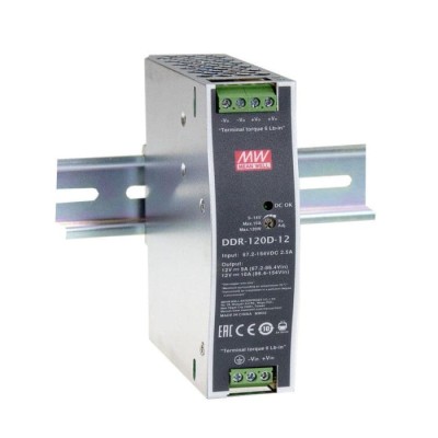 MEAN WELL DC/DC Converter DDR-120A-24, 24V DC Output, 4.2A, DIN Rail Mount, Input 9–18V DC, Max Output Power 100.8W, 70°C