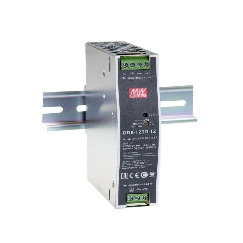 MEAN WELL DC/DC Converter DDR-120A-24, 24V DC Output, 4.2A, DIN Rail Mount, Input 9–18V DC, Max Output Power 100.8W, 70°C