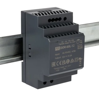 MEAN WELL DDR-60L-12 DC/DC Converter, 24V Output, 18–75V DC Input, DIN Rail, 60W, 12A, Adjustable Output, 85°C Max, 6-Pin