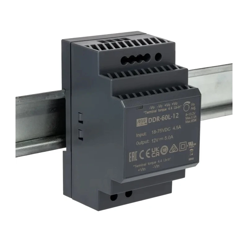 MEAN WELL DDR-60L-12 DC/DC Converter, 24V Output, 18–75V DC Input, DIN Rail, 60W, 12A, Adjustable Output, 85°C Max, 6-Pin