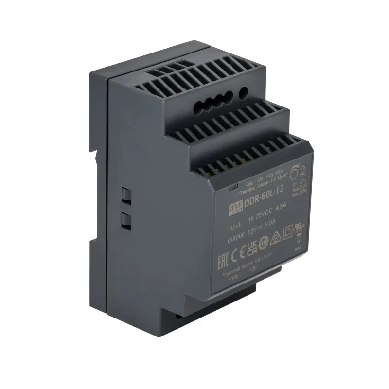 MEAN WELL DDR-60L-12 DC/DC Converter, 24V Output, 18–75V DC Input, DIN Rail, 60W, 12A, Adjustable Output, 85°C Max, 6-Pin