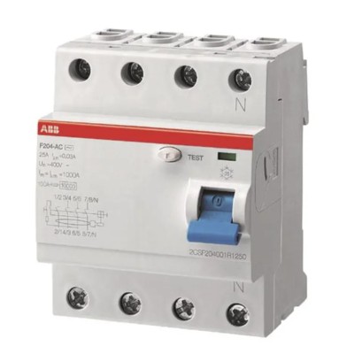 ABB Residual Current Circuit Breaker 25A, 4-Pole, 30mA, Type A, 1kA, 277V AC F200 Series 2CSF204401R1250 F204 A-25/0,03 AP-R