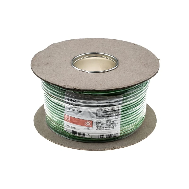 RS PRO H07Z-R Series Green Yellow Hook Up Wire 7 x 1.04 mm Stranded 100 m Thermoplastic Polyolefin 750V AC 185-3939