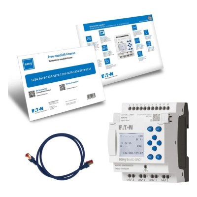 Eaton easyE4 Series Starter Kit, 8 Digital Inputs, 4 Relay Outputs, 100–240V AC/DC, DIN Rail, Ethernet, Display, 