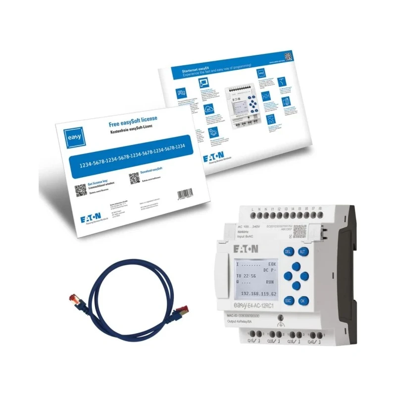 Eaton easyE4 Series Starter Kit, 8 Digital Inputs, 4 Relay Outputs, 100–240V AC/DC, DIN Rail, Ethernet, Display, 