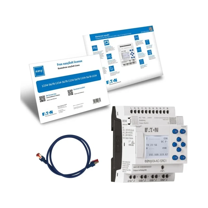Eaton easyE4 Series Starter Kit, 8 Digital Inputs, 4 Relay Outputs, 100–240V AC/DC, DIN Rail, Ethernet, Display, 