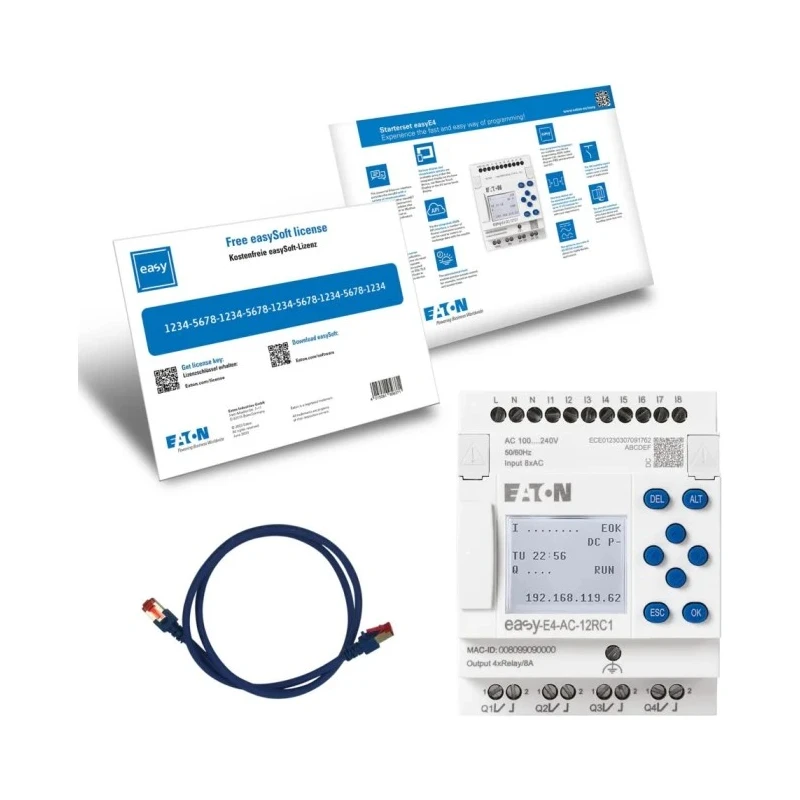Eaton easyE4 Series Starter Kit, 8 Digital Inputs, 4 Relay Outputs, 100–240V AC/DC, DIN Rail, Ethernet, Display, 