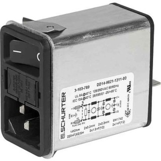 Schurter IEC Connector Snap-in C14 Line Filter, 250V AC, 6A, DD14 Series, 2 Pole Quick Connect, Aluminium Shielding 3-102-854