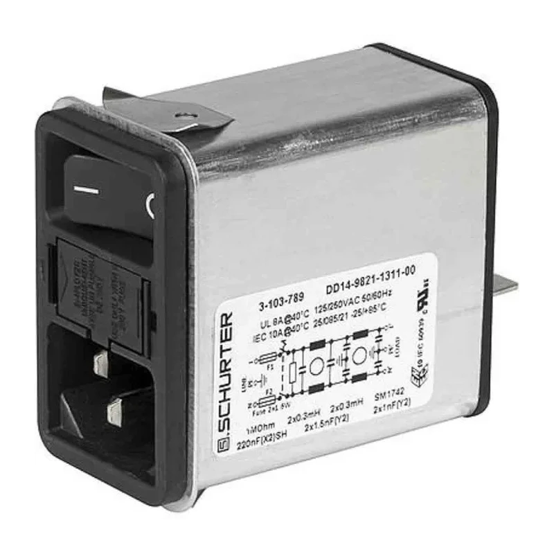 Schurter IEC Connector Snap-in C14 Line Filter, 250V AC, 6A, DD14 Series, 2 Pole Quick Connect, Aluminium Shielding 3-102-854