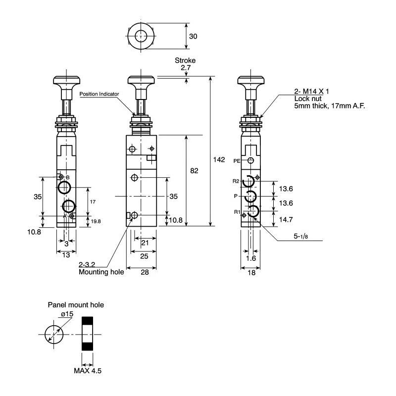 SMC Push Pull Mechanical Valve, Rc/NPT Rc 1/8, 0.7 MPa, 5/2, 18 mm VZM500